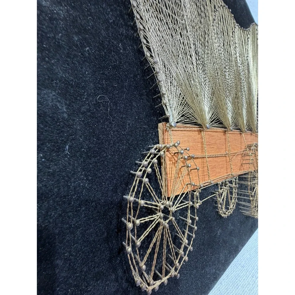 Vintage String Art Covered Wagon Pioneer Days Western Folk Art Velvet 20x16